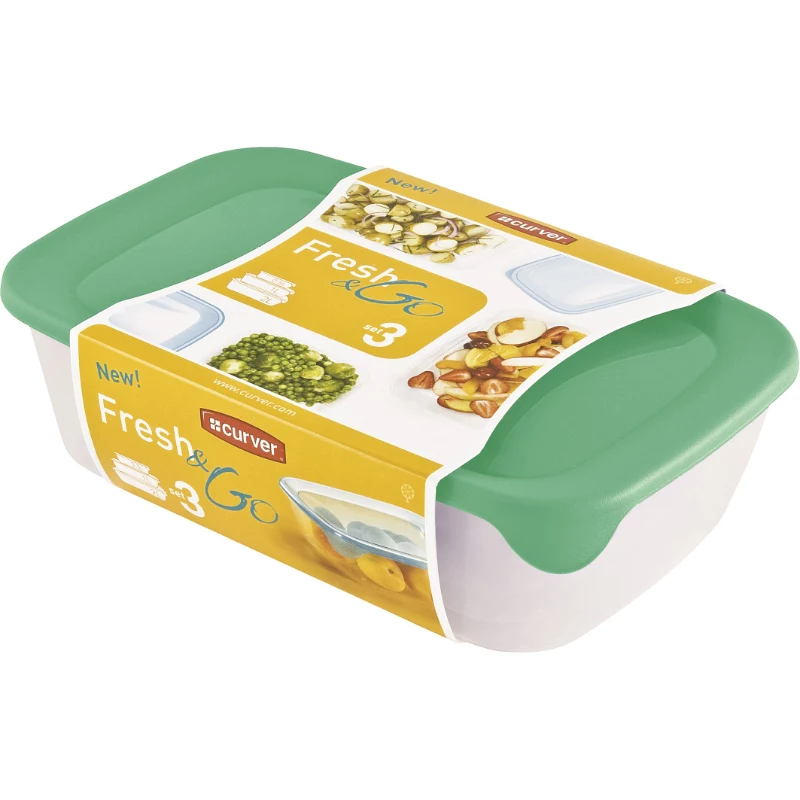 Curver Fresh & Go ēdienu trauku komplekts, 3 taisnstūra trauki, 2L + 1L + 0,5L, caurspīdīgi ar krāsainiem hermētiskiem vākiem