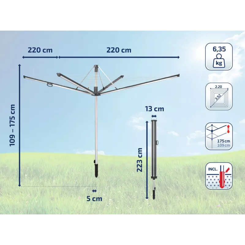 LEIFHEIT Linomatic 600 Plus rotējošais veļas žāvētājs, 60 m žāvēšanas aukla, alumīnija rāmis, automātiska auklu ievilkšana, sudraba/pelēks