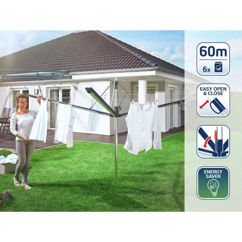 LEIFHEIT Linomatic 600 Plus rotējošais veļas žāvētājs, 60 m žāvēšanas aukla, alumīnija rāmis, automātiska auklu ievilkšana, sudraba/pelēks