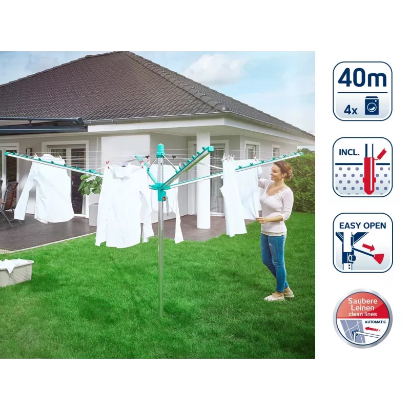 LEIFHEIT Linomatic 400 Easy rotējošais veļas žāvētājs 40 m, alumīnijs, sudraba/zils