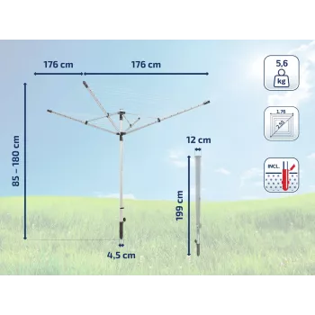 LEIFHEIT LinoLift 500 rotējošais veļas žāvētājs, 50 m žāvēšanas aukla, alumīnija rāmis, regulējams augstums 106-179 cm, UV izturīgas auklas, komplektā ar zemes ligzdu