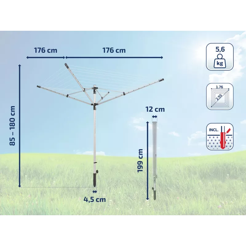 LEIFHEIT LinoLift 500 rotējošais veļas žāvētājs, 50 m žāvēšanas aukla, alumīnija rāmis, regulējams augstums 106-179 cm, UV izturīgas auklas, komplektā ar zemes ligzdu