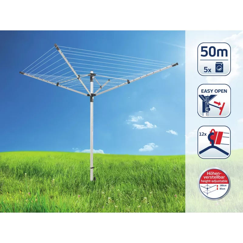 LEIFHEIT LinoLift 500 rotējošais veļas žāvētājs, 50 m žāvēšanas aukla, alumīnija rāmis, regulējams augstums 106-179 cm, UV izturīgas auklas, komplektā ar zemes ligzdu
