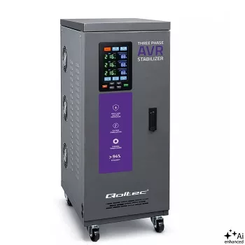 Qoltec 15kVA trīsfāžu servomotora sprieguma stabilizators AVR ar LCD displeju, ±3% precizitāte, Expert Line