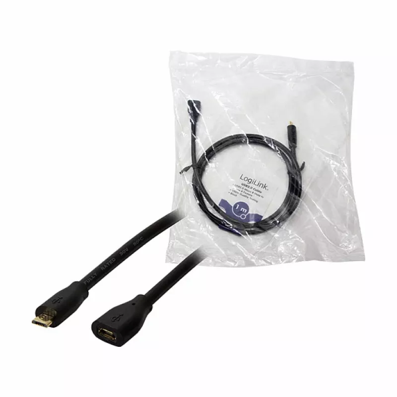 LogiLink CU0121 USB 2.0 Micro-B vīrišķais uz Micro-B sievišķo pagarinājuma kabelis, 1 m, melns