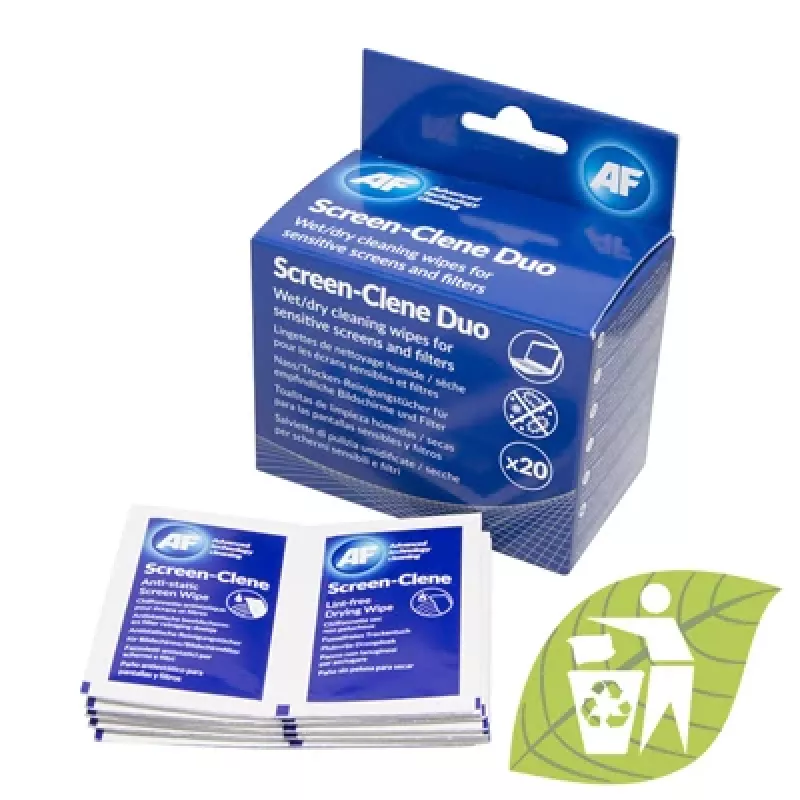 AF Screen-Clene Duo salvetes - mitrās/sausās ekrāna tīrīšanas salvetes, 20 paciņas (10 mitrās + 10 sausās)