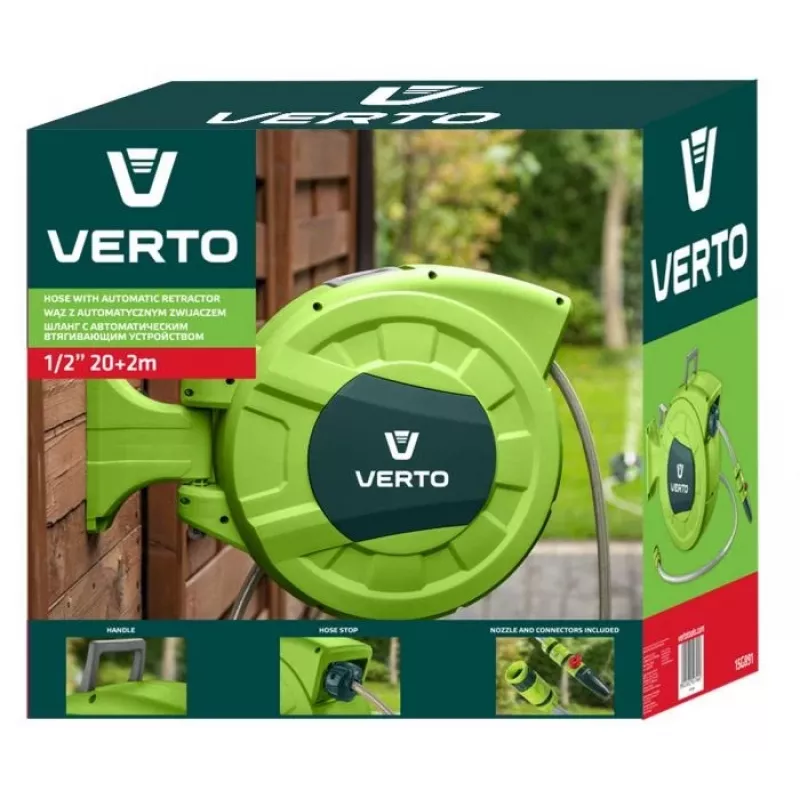 Verto 15G891 3-slāņu pastiprināta PVC dārza šļūtene, 1/2 inch x 20 m, UV un aļģu izturīga, plīšanas spiediens 20 bar, zaļa