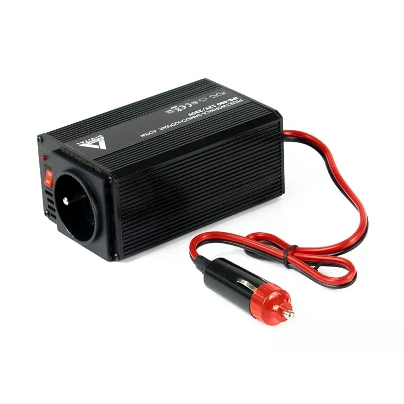 AZO Digital IPS-400 400W 12V līdzstrāvas uz 230V maiņstrāvas modificēta sinusoidāla sprieguma invertors ar Schuko kontaktligzdu, akumulatora skavām un cigarešu šķiltavu spraudni