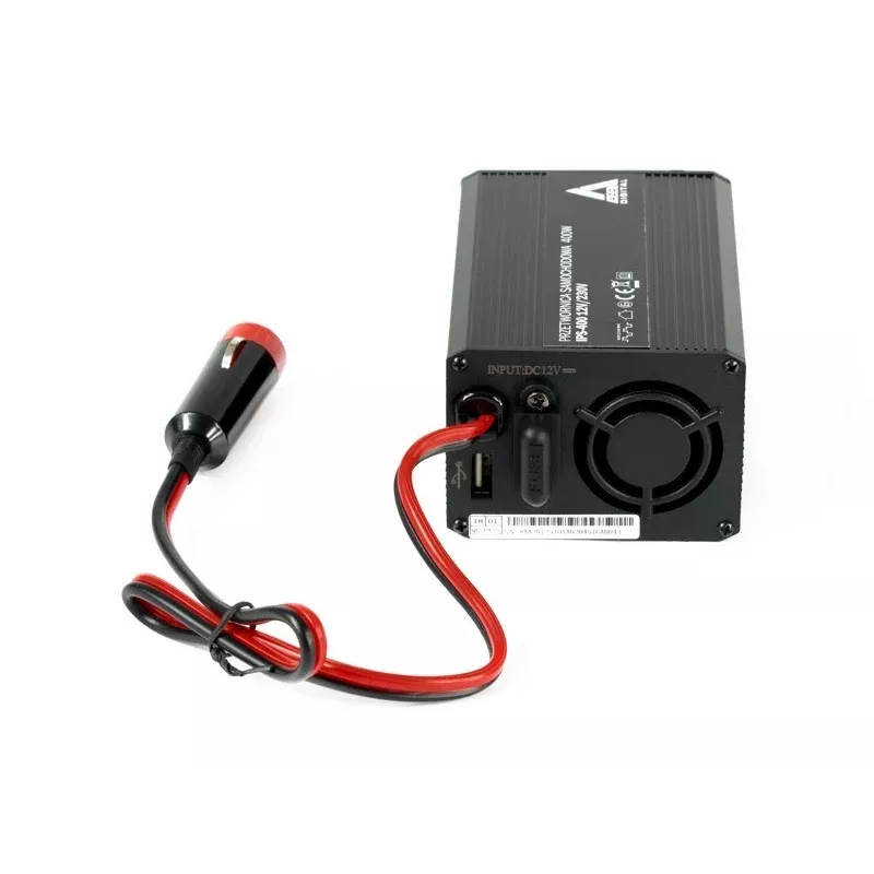 AZO Digital IPS-400 400W 12V līdzstrāvas uz 230V maiņstrāvas modificēta sinusoidāla sprieguma invertors ar Schuko kontaktligzdu, akumulatora skavām un cigarešu šķiltavu spraudni