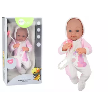 LEAN TOYS lelle ar knupīti, vienradža bodiju, rozā segu un aksesuāriem, 35 cm