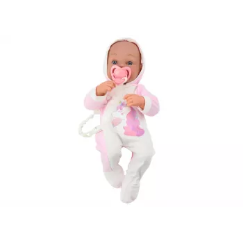 LEAN TOYS lelle ar knupīti, vienradža bodiju, rozā segu un aksesuāriem, 35 cm