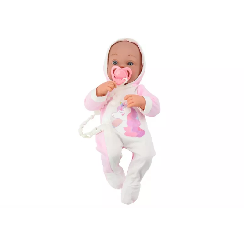 LEAN TOYS lelle ar knupīti, vienradža bodiju, rozā segu un aksesuāriem, 35 cm