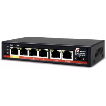 GETFORT GF-106D-4P-65 6 portu Fast Ethernet PoE+ komutators ar 4 PoE portiem un 2 augšupielādes portiem, 65W budžets, metāla galddatora korpuss