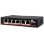 GETFORT GF-106D-4P-65 6 portu Fast Ethernet PoE+ komutators ar 4 PoE portiem un 2 augšupielādes portiem, 65W budžets, metāla galddatora korpuss