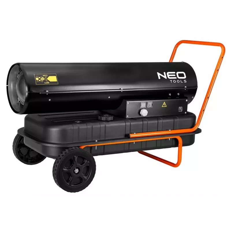 NEO TOOLS 50kW eļļas sildītājs ar 50L tvertni un riteņiem, 44 kW, 150 000 BTU/h, dīzeļdegviela/ petroleja/ apkures eļļa, IP41, tērauda korpuss