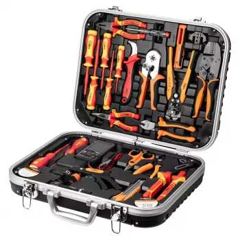 NEO TOOLS 25 daļu elektriķa instrumentu komplekts ar koferi, VDE izolēti rokas instrumenti ar sprieguma testeri, knaibles, skrūvgriežiem un piederumiem izturīgā plastmasas koferī