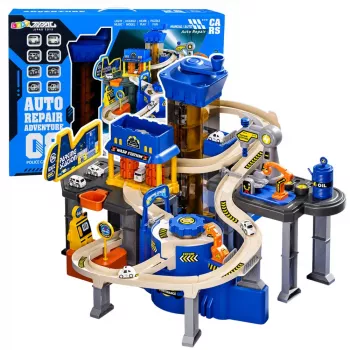 LEAN TOYS Interaktīvs trases auto stāvvietas darbnīcas auto mazgāšanas komplekts ar 8 zilām mašīnām