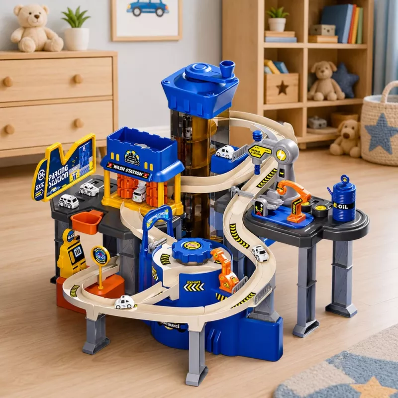 LEAN TOYS Interaktīvs trases auto stāvvietas darbnīcas auto mazgāšanas komplekts ar 8 zilām mašīnām