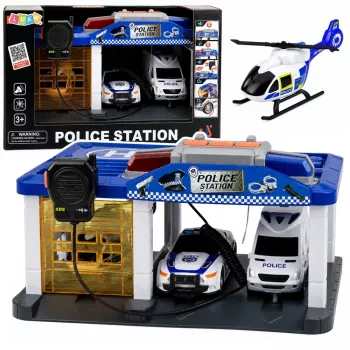 LEAN TOYS Policijas iecirkņa garāža ar 2 mašīnām, helikopteru, rāciju, gaismām un skaņām | 31588