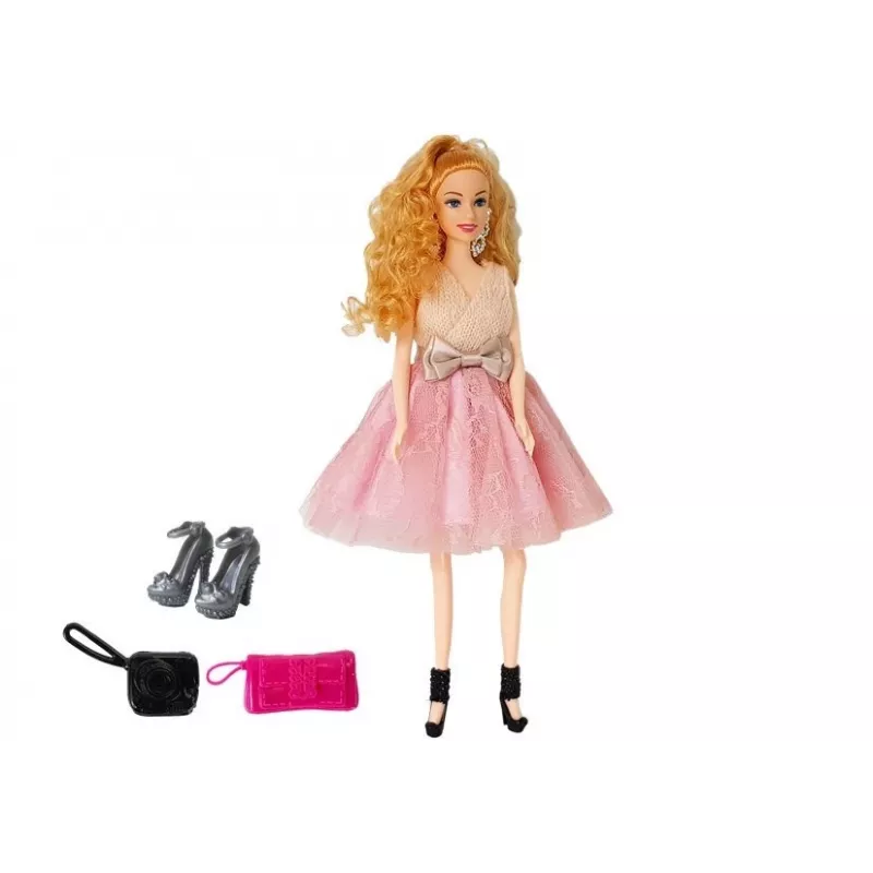 LEAN TOYS Modeļlelle, gaišmataina 28 cm, rokassomiņa, augstpapēžu kurpes