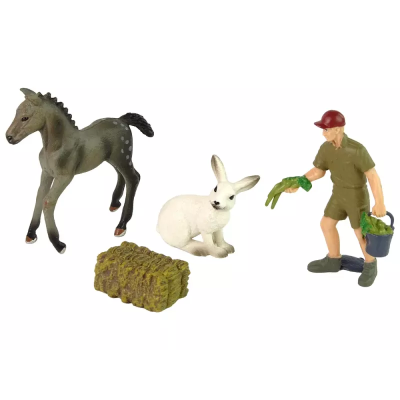 LEAN TOYS dzīvnieku figūru komplekts zirgs, pelēkais zaķis, fermeris