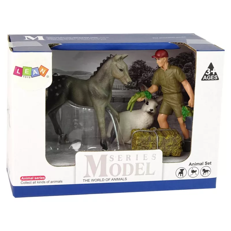 LEAN TOYS dzīvnieku figūru komplekts zirgs, pelēkais zaķis, fermeris