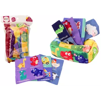 LEAN TOYS mīkstā salvetes kastīte ar 6 audumiem un 3 čaukstošām krāsainām salvetēm