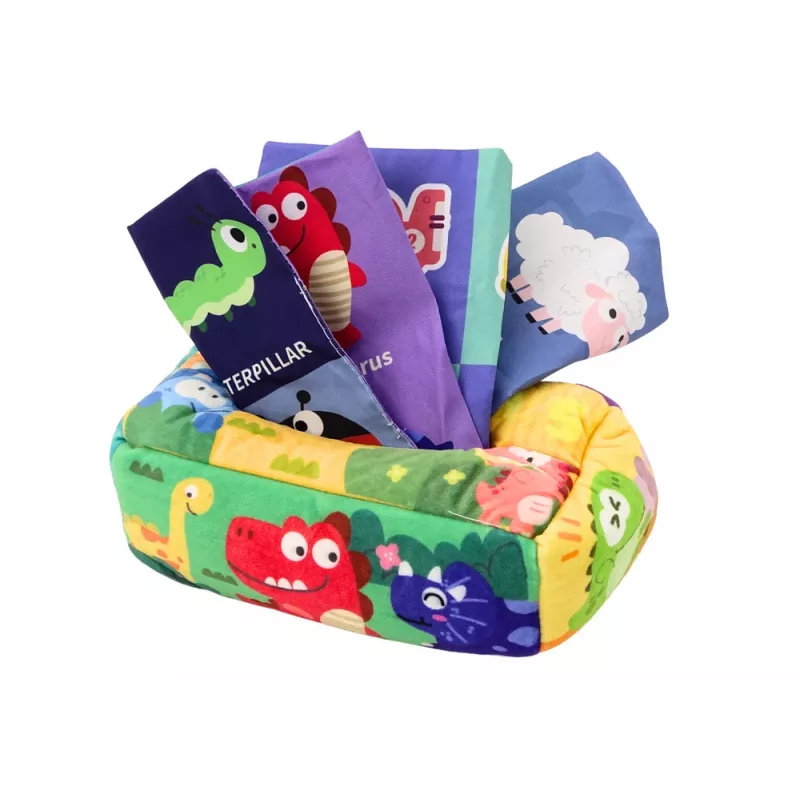 LEAN TOYS mīkstā salvetes kastīte ar 6 audumiem un 3 čaukstošām krāsainām salvetēm