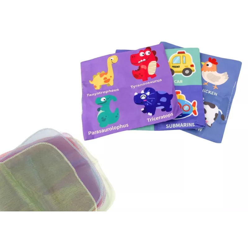 LEAN TOYS mīkstā salvetes kastīte ar 6 audumiem un 3 čaukstošām krāsainām salvetēm