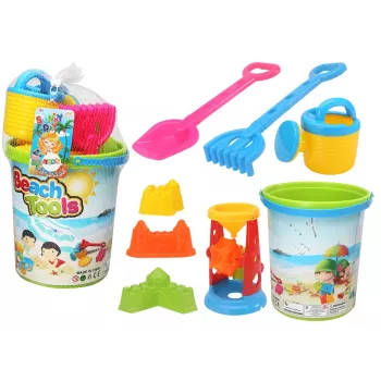 LEAN TOYS Smilšu rotaļlietu komplekts, spainis, smilšu dzirnaviņas, lejkanna, krāsainas veidnes