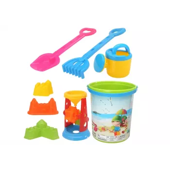 LEAN TOYS Smilšu rotaļlietu komplekts, spainis, smilšu dzirnaviņas, lejkanna, krāsainas veidnes