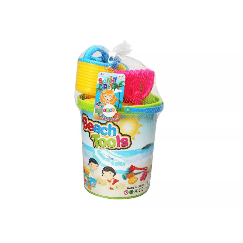 LEAN TOYS Smilšu rotaļlietu komplekts, spainis, smilšu dzirnaviņas, lejkanna, krāsainas veidnes