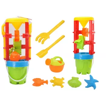 LEAN TOYS 18546 Smilšu rotaļlietu komplekts ar lielu dzirnaviņu, spaini un krāsainām formiņām – 7 daļu pludmales un smilšu kastes rotaļu komplekts bērniem no 12 mēnešiem