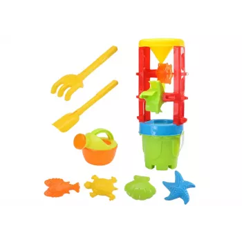 LEAN TOYS 18546 Smilšu rotaļlietu komplekts ar lielu dzirnaviņu, spaini un krāsainām formiņām – 7 daļu pludmales un smilšu kastes rotaļu komplekts bērniem no 12 mēnešiem