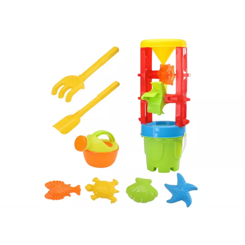 LEAN TOYS 18546 Smilšu rotaļlietu komplekts ar lielu dzirnaviņu, spaini un krāsainām formiņām – 7 daļu pludmales un smilšu kastes rotaļu komplekts bērniem no 12 mēnešiem