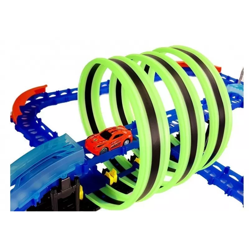 LEAN TOYS sacīkšu trase, kas spīd tumsā, ar cilpām un tālvadības automašīnu