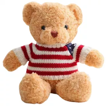LEAN TOYS Plīša maskots mīkstais rotaļu lācītis svītrainā T-kreklā krēmkrāsā 32cm