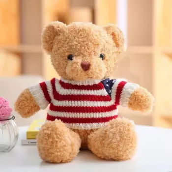 LEAN TOYS Plīša maskots mīkstais rotaļu lācītis svītrainā T-kreklā krēmkrāsā 32cm