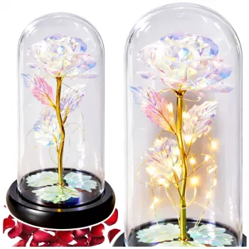 LEAN Mūžīgā roze stikla kristāla kupolā, krāsains LED apgaismojums, 21x11cm