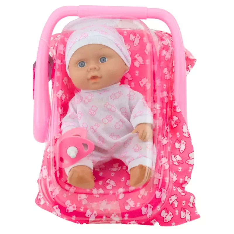 LEAN TOYS lelle ar pārnēsāšanas somu, pidžamu, cepurīti un knupīti, rozā