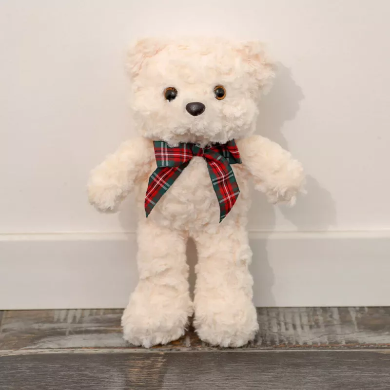 LEAN TOYS Plīša maskots mīkstais rotaļu lācis ar bantīti balts 30cm
