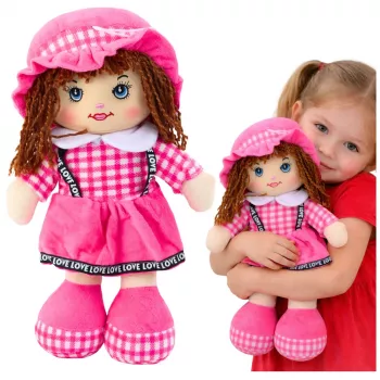 LEAN TOYS Lupatu lelle Mīkstā rotaļlieta Rūtaina kleita Rozā 35 cm