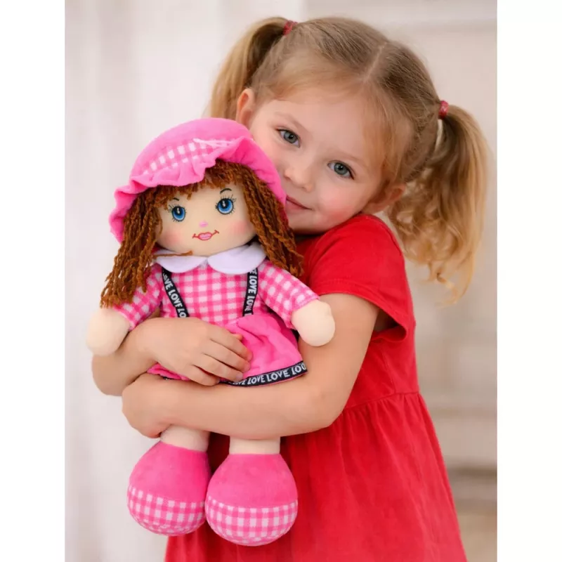 LEAN TOYS Lupatu lelle Mīkstā rotaļlieta Rūtaina kleita Rozā 35 cm