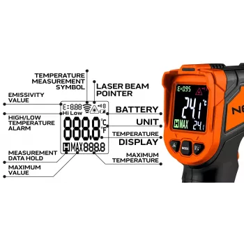 NEO TOOLS 75-276 Pirometrs, bezkontakta infrasarkanais termometrs ar divkāršu lāzera mērķēšanu, -50°C līdz 880°C, 12:1 D:S, regulējama emisivitāte, LCD ar apgaismojumu