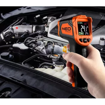 NEO TOOLS 75-276 Pirometrs, bezkontakta infrasarkanais termometrs ar divkāršu lāzera mērķēšanu, -50°C līdz 880°C, 12:1 D:S, regulējama emisivitāte, LCD ar apgaismojumu