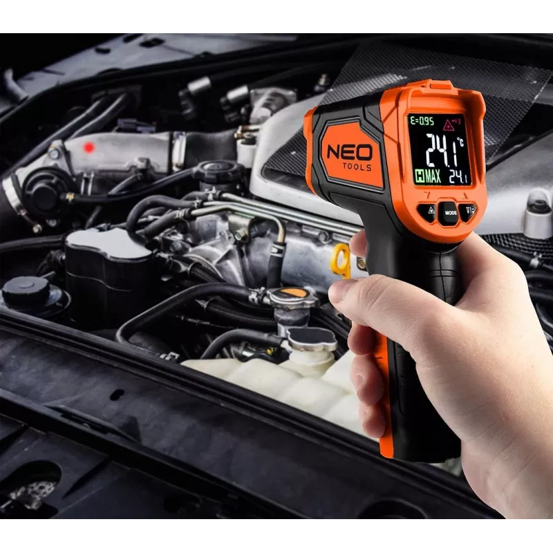 NEO TOOLS 75-276 Pirometrs, bezkontakta infrasarkanais termometrs ar divkāršu lāzera mērķēšanu, -50°C līdz 880°C, 12:1 D:S, regulējama emisivitāte, LCD ar apgaismojumu