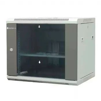 EMITER EM/AP6409 9U sienas montāžas tīkla skapis 19 collas 600x450x500 mm pelēks, rūdīta stikla durvis, slēdzamas