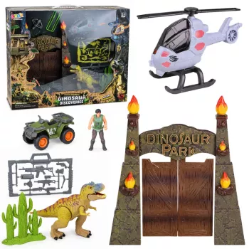 LEAN TOYS Pētniecības bāzes dinozauru parka vārti, helikopters, kvadracikls, figūras, pētnieks