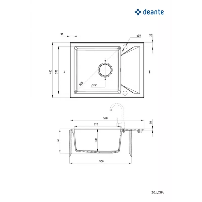 DEANTE ZQJ N11A 1 bļodas granīta izlietne ar žāvētāju, grafīta