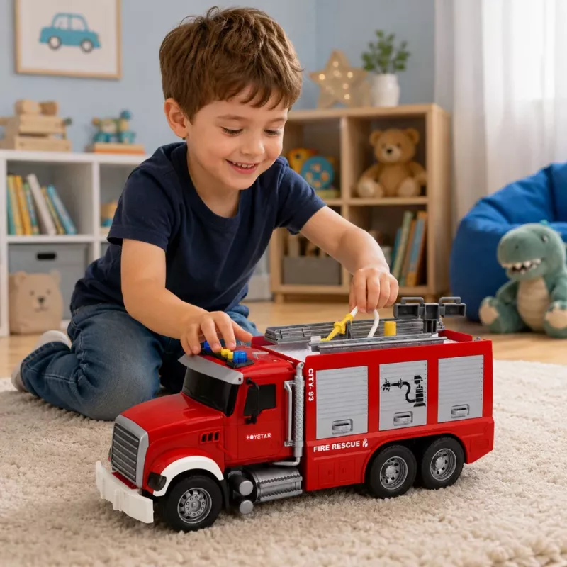 LEAN TOYS ugunsdzēsēju mašīna ugunsdzēsības departaments pagarināma kāpne ūdens šļūtene gaismas skaņas